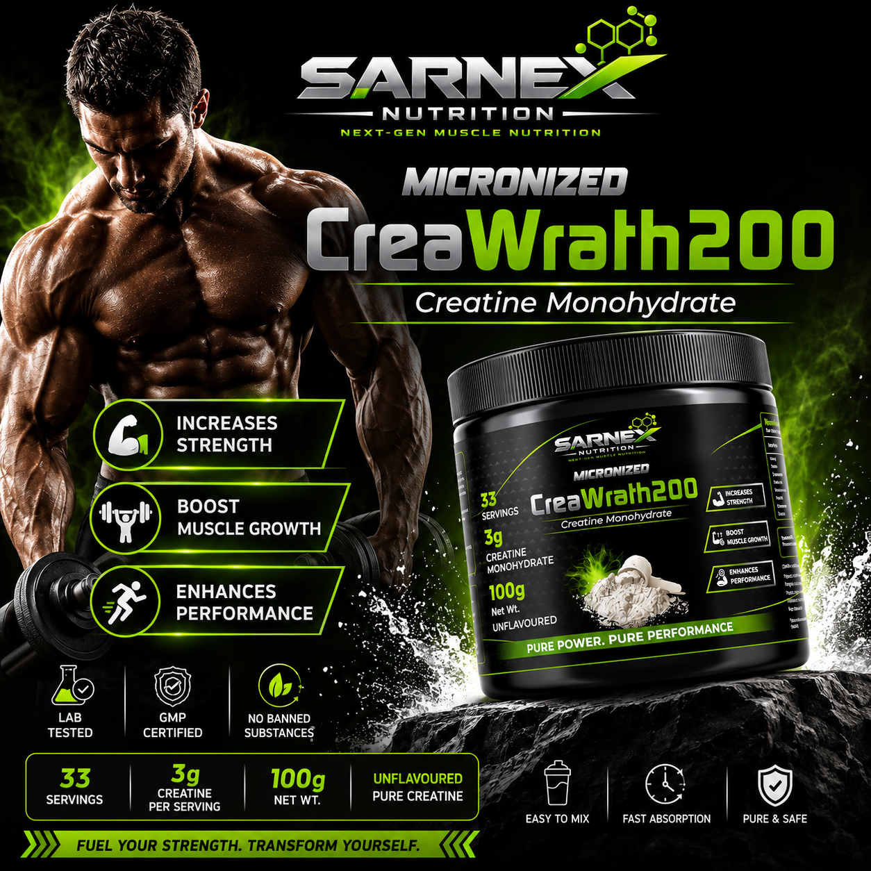 SARNEX Creatine Monohydrate – label close-up