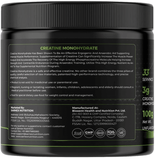 SARNEX Creatine Monohydrate – label close-up