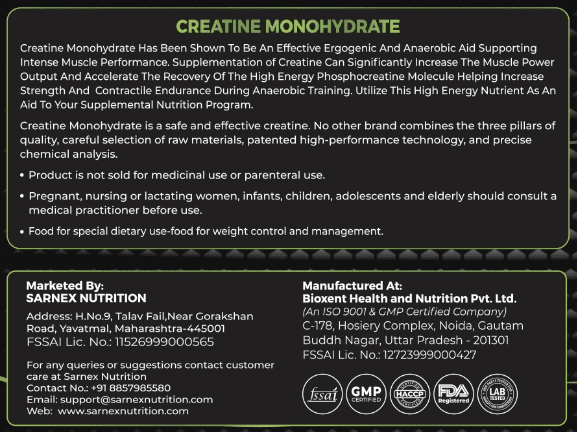 SARNEX Creatine Monohydrate – label close-up