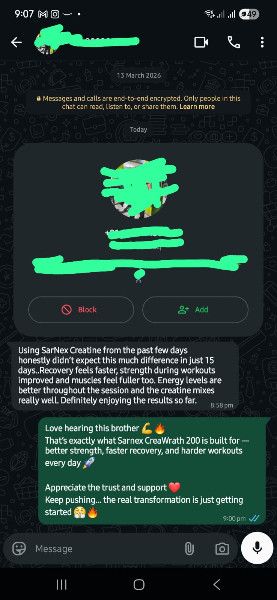 Customer WhatsApp review for SARNEX Creatine