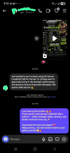 Customer feedback screenshot for SARNEX Creatine