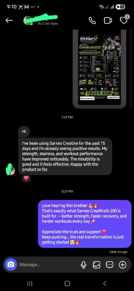Instagram DM review for SARNEX Creatine