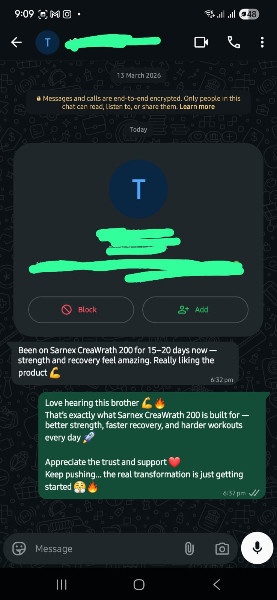 Instagram DM review for SARNEX Creatine