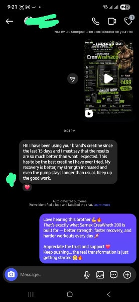 Instagram DM review for SARNEX Creatine