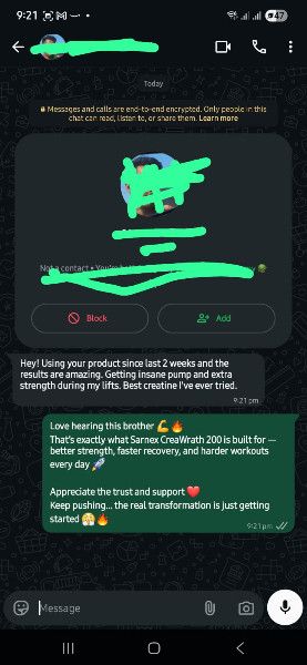 Instagram DM review for SARNEX Creatine